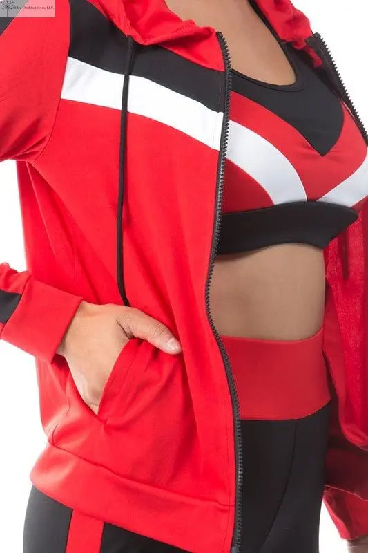 Activewear 3 Piece Set Red Long Sleeves Closed-up | Ladies Gym Set | SiAra 