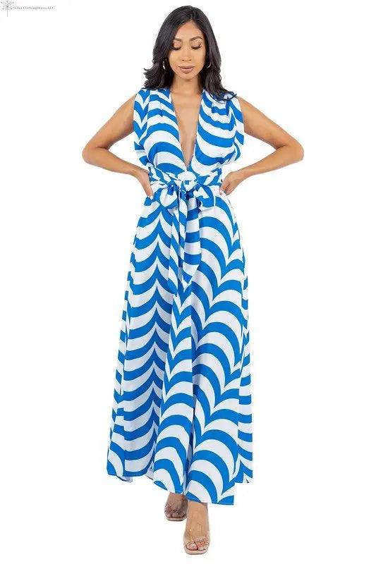 Blue and White Maxi Dress Side Slit | Flowy Maxi Dress | SiAra