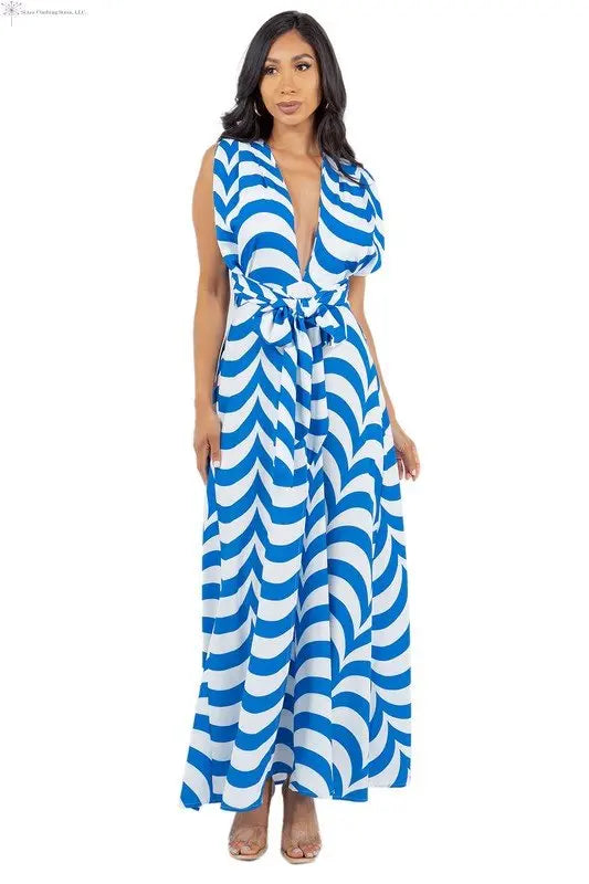 Blue and White Maxi Dress Side Slit Front | Flowy Maxi Dress | SiAra
