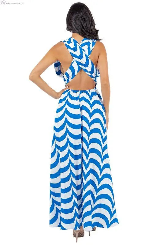 Blue and White Maxi Dress Side Slit Back | Flowy Maxi Dress | SiAra