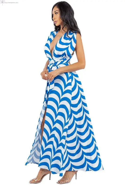 Blue and White Maxi Dress Side Slit Side | Flowy Maxi Dress | SiAra
