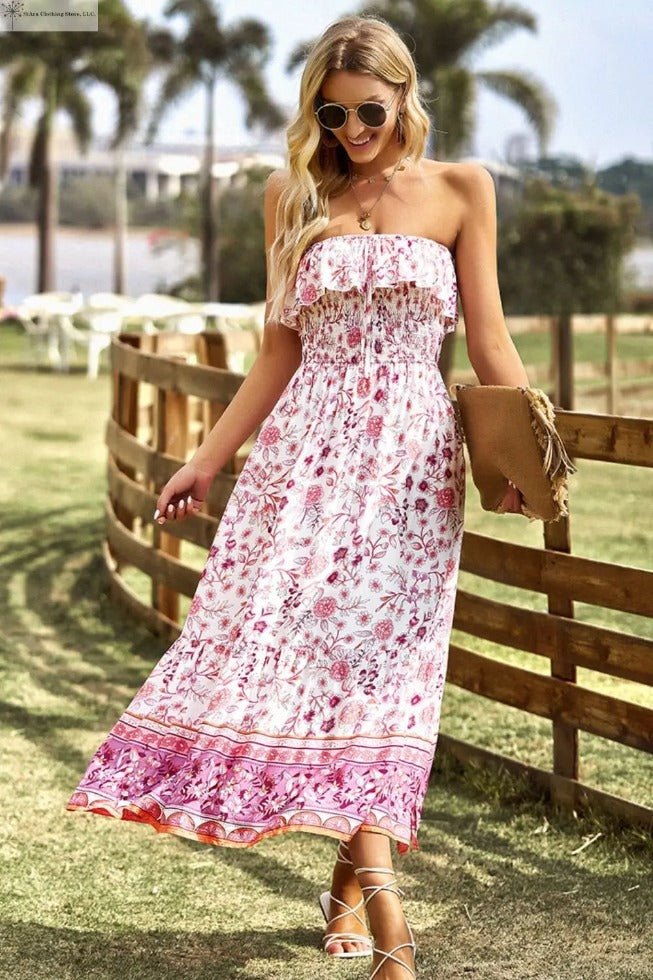 Strapless Boho Dress With Slit Blush Pink Front | SiAra