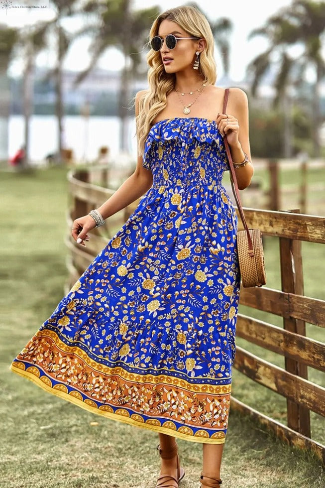 Strapless Boho Dress With Slit Tiffany Blue Royal Blue | SiAra