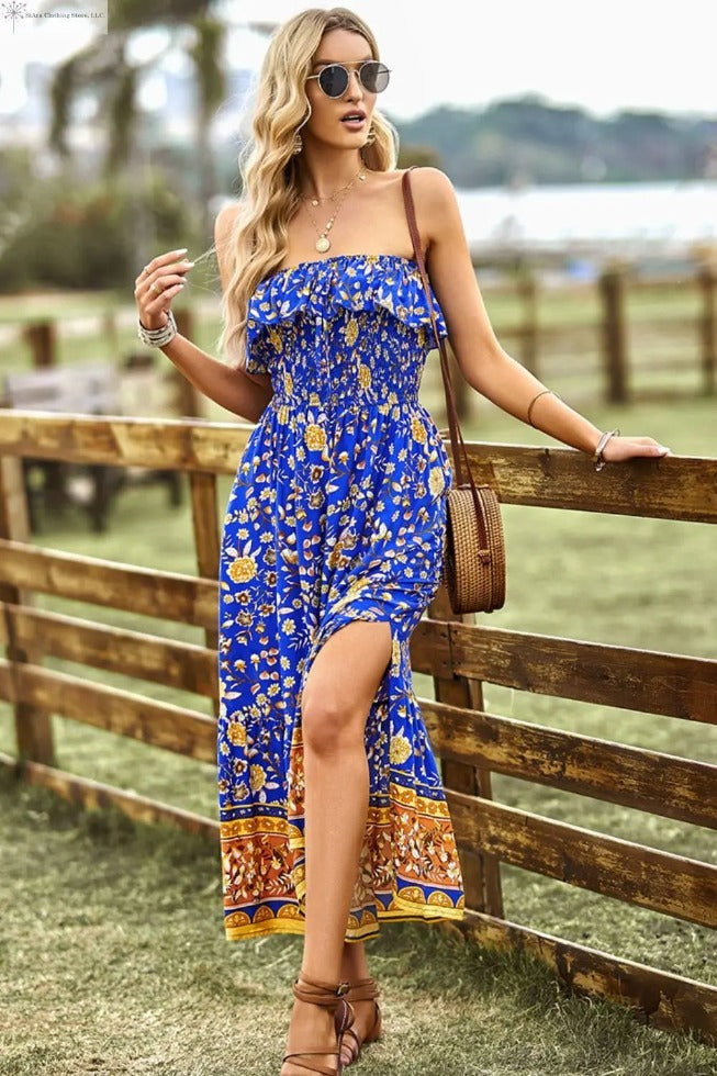 Strapless Boho Dress With Slit Tiffany Blue Royal Blue Front | SiAra