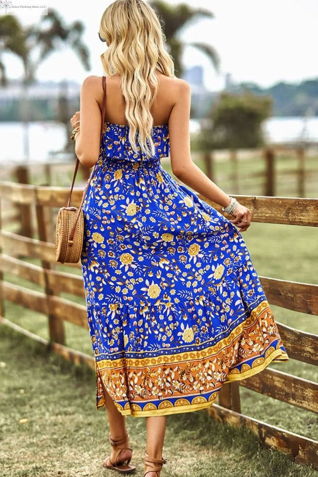 Strapless Boho Dress With Slit Tiffany Blue Royal Blue Back | SiAra