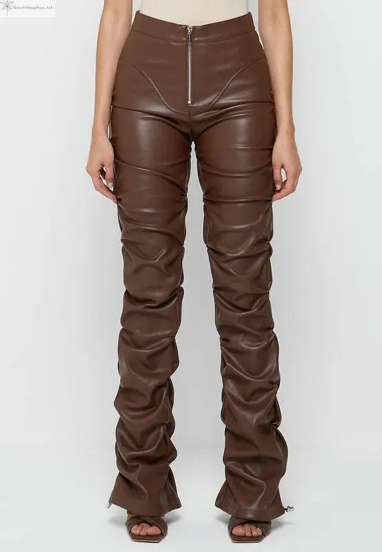 Brown Faux Leather Pants Front | Women's Leather Pants | SiAra
