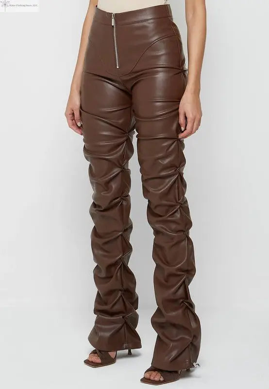 Brown Faux Leather Pants Front Sided | Women's Leather Pants | SiAra
