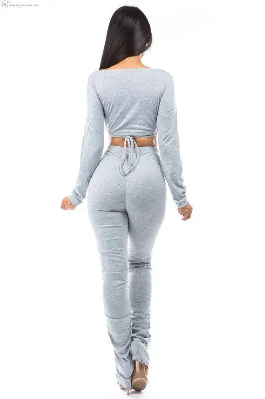 Women's Crop Top And Pants Set Grey Back | Matching Crop Top And Pants Set | SiAra