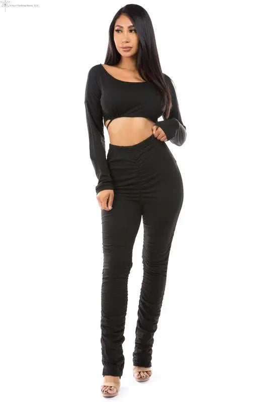 Women's Crop Top And Pants Set Black | Two Piece Crop Top And Trousers | SiAra