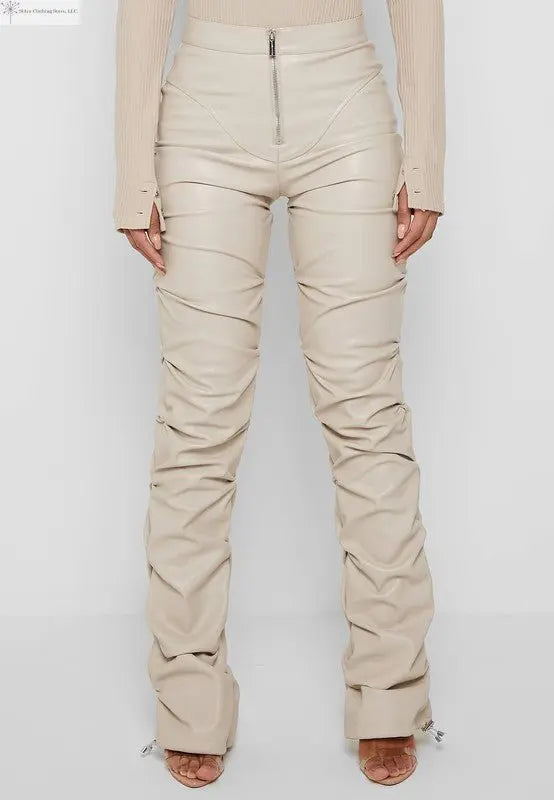Cream Faux Leather Pants Front | Women's Faux Leather Trousers | SiAra
