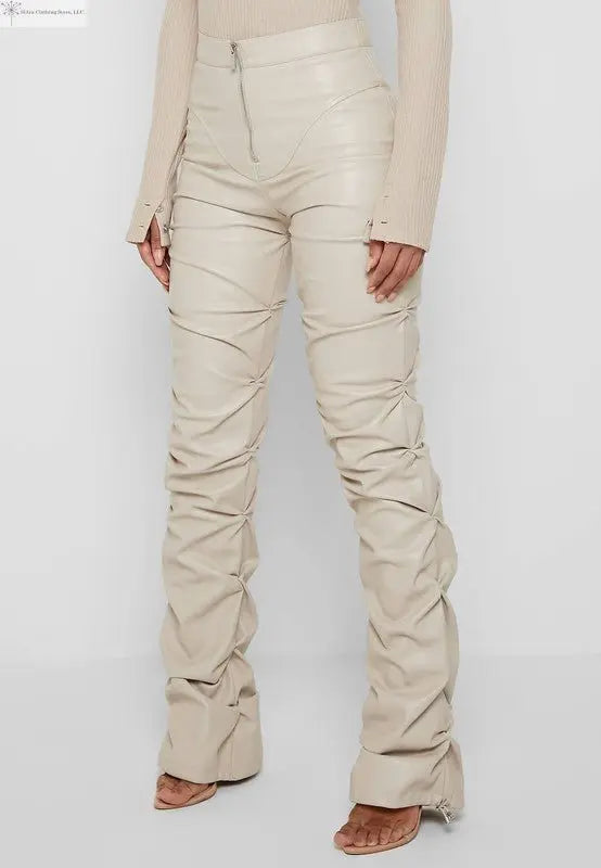 Cream Faux Leather Pants Sided | Women's Faux Leather Trousers | SiAra