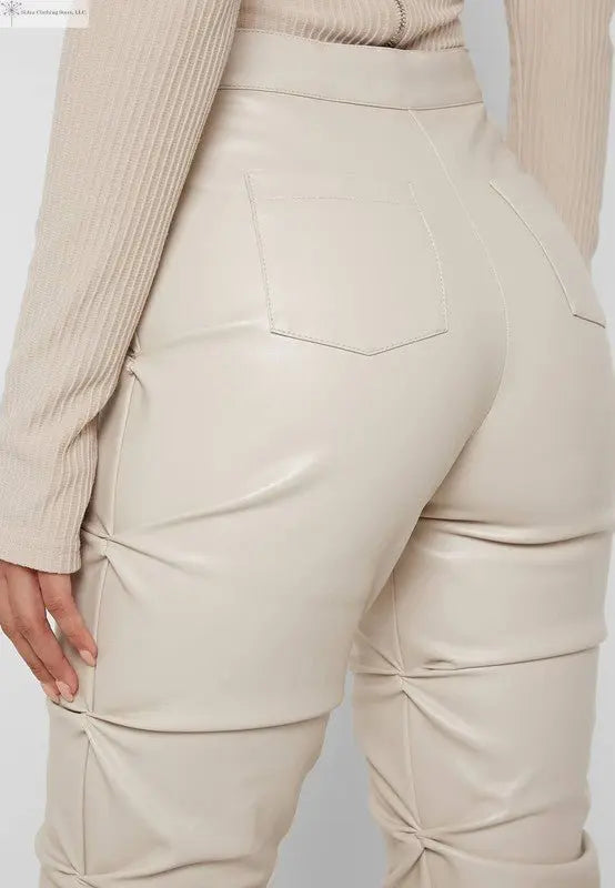 Cream Faux Leather Pants Back Closed-up | Women's Faux Leather Trousers | SiAra