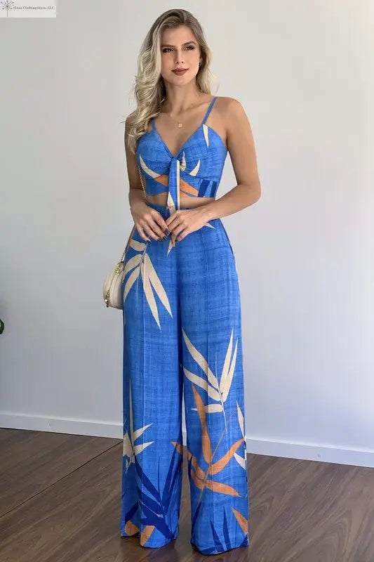 Crop Top and Whide Leg Pants Set Floral Blue Multi Front | Matching Crop Top and Pants Set | SiAra