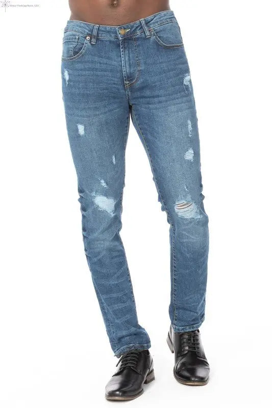 Distress Men's Jeans Slim Fit Front Closed-up | Blue Distressed Jeans | SiAra