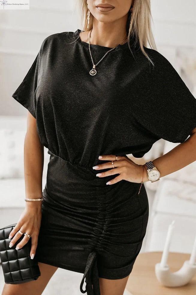 Black Short Sleeves Mini Dress With Drawstring Sided | SiAra