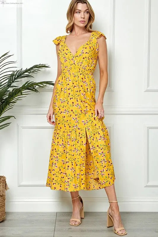 Sleeveless Midi Dress Ditsy Print Front Slit Yellow | SiAra