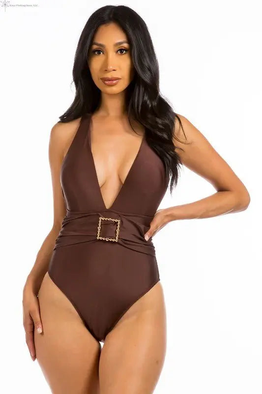 High Cut Swimsuit Belted Deep V-neck Brown | Plunge Swimsuit | SiAra