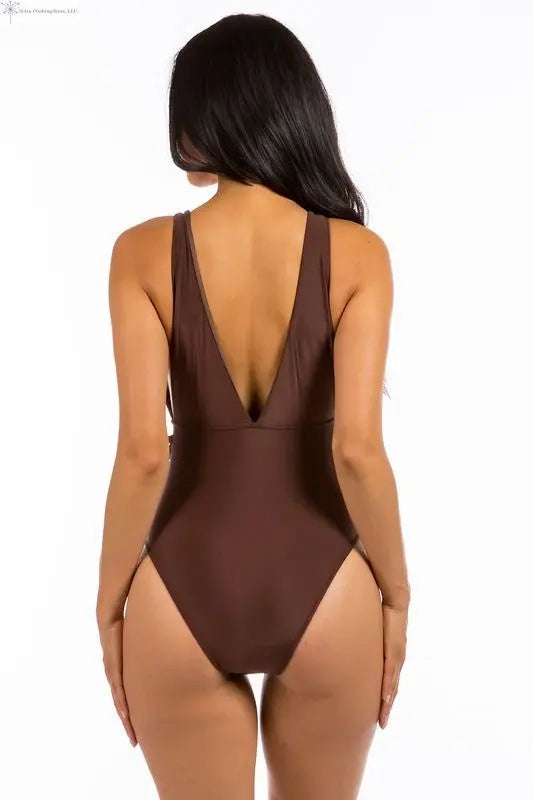High Cut Swimsuit Belted Deep V-neck Brown Back | Plunge Swimsuit | SiAra