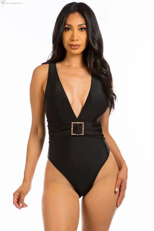 High Cut Swimsuit Belted Deep V-neck Black | Plunge Swimsuit | SiAra
