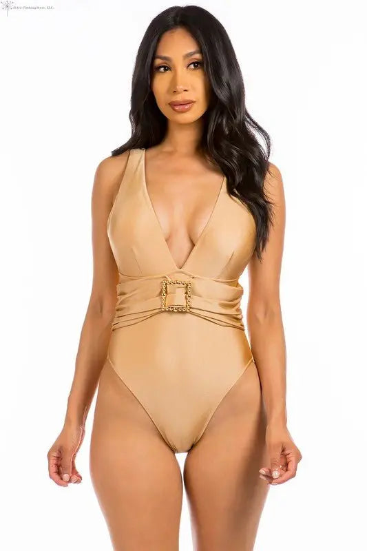 High Cut Swimsuit Belted Deep V-neck Beige | Plunge Swimsuit | SiAra