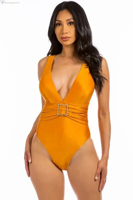 High Cut Swimsuit Belted Deep V-neck Copper Front | Plunge Swimsuit | SiAra