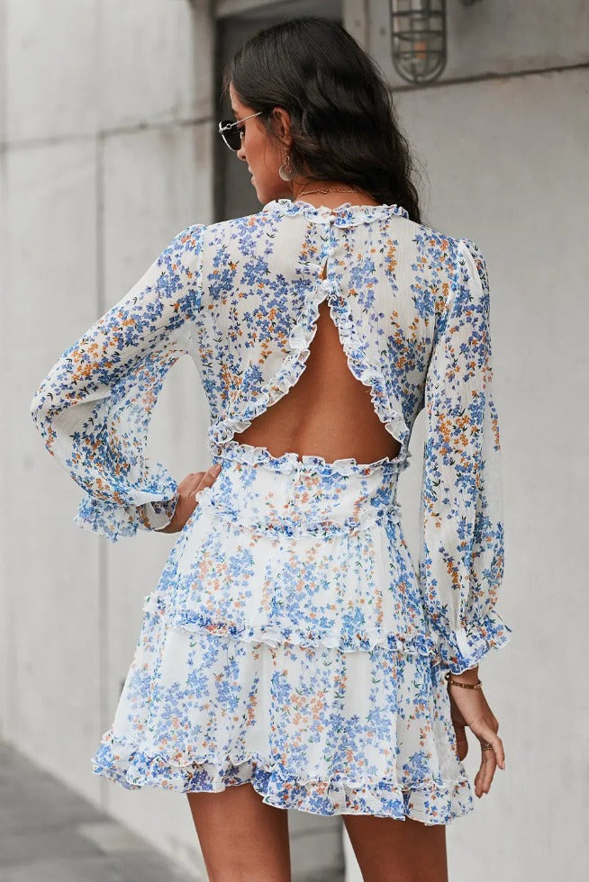 Floral Mini Dress Frill Trim White Pastel Blue Back | SiAra Clothing Store, LLC