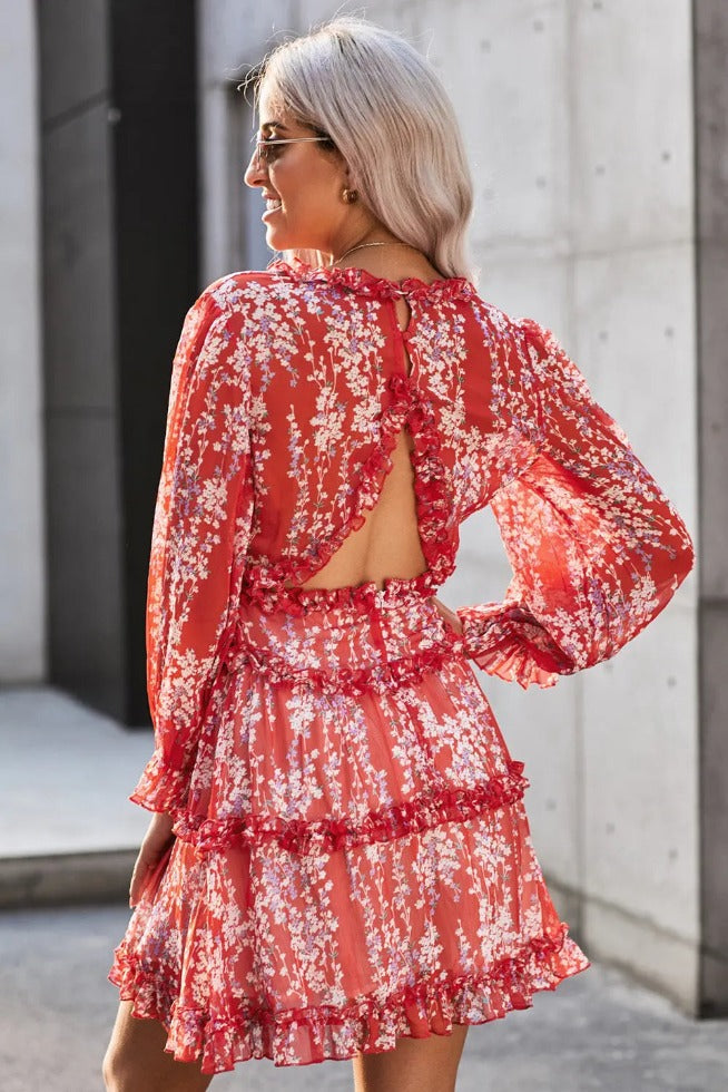 Floral Mini Dress Frill Trim White Deep Red Back | SiAra Clothing Store, LLC
