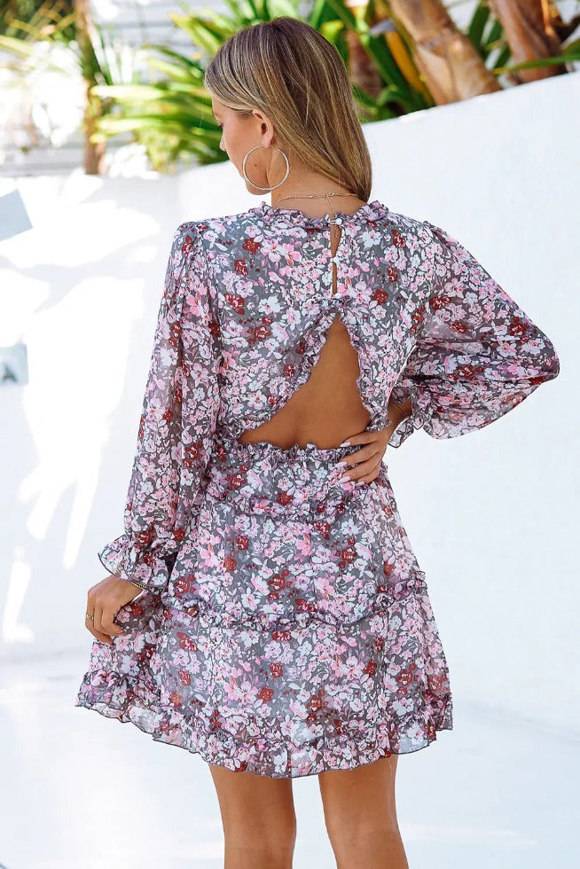Floral Mini Dress Frill Trim Lavender Back | SiAra Clothing Store, LLC