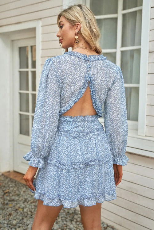 Floral Mini Dress Frill Trim Pastel Blue Back | SiAra Clothing Store, LLC