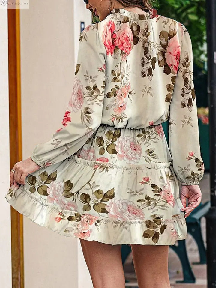 Floral Long sleeve Mini Dress Tie Neck Back | Mini Dress with Sleeves | SiAra