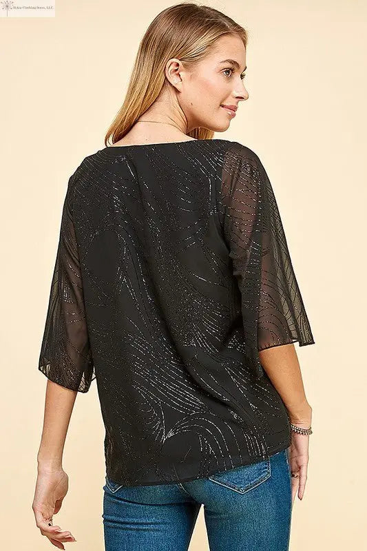 Short Sleeve Blouse Glittered Print Black Black on Back | SiAra