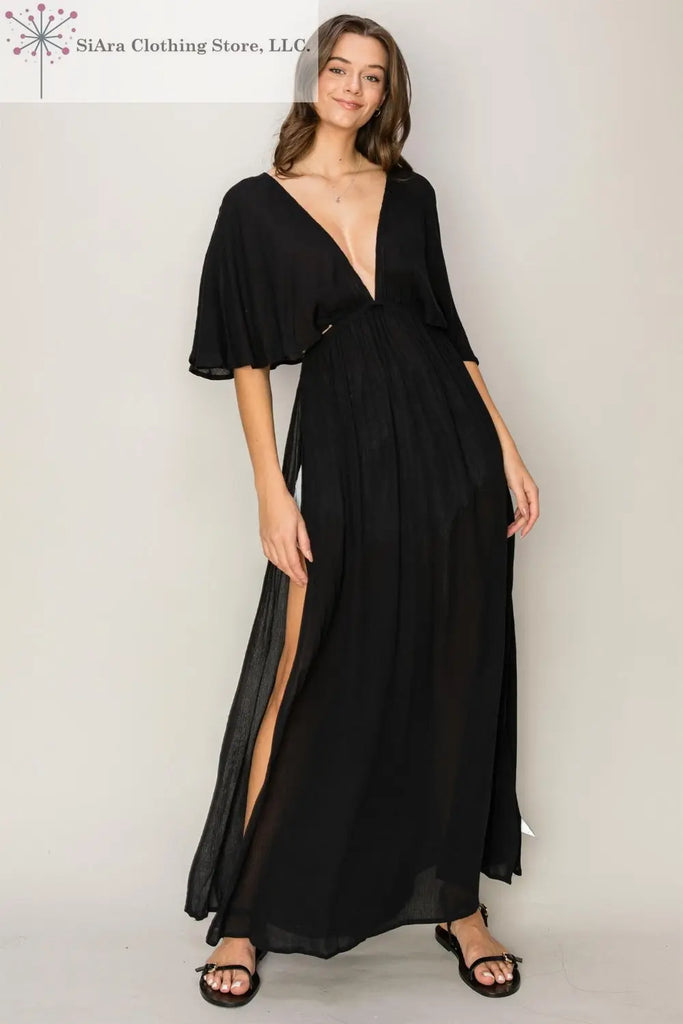 Cover Up Dress Side Split Short Sleeves Black | Swimwear Cover Up Dresses | SiAra