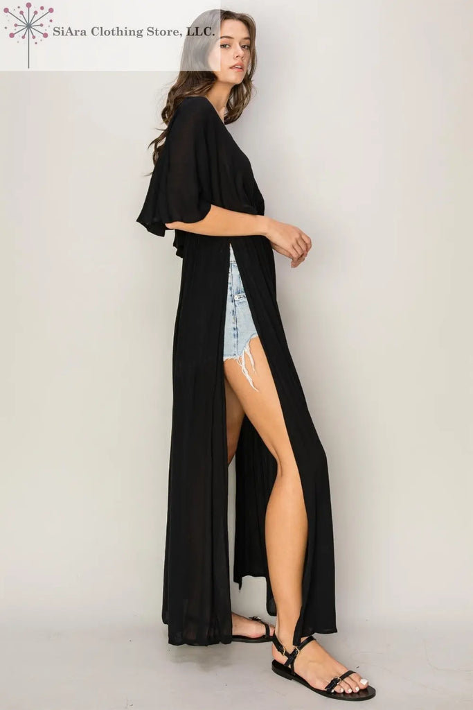 Cover Up Dress Side Split Short Sleeves Black | Swimwear Cover Up Dresses Side | SiAra
