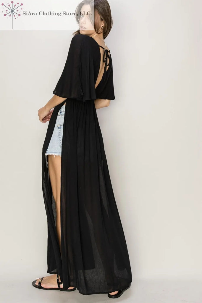 Cover Up Dress Side Split Short Sleeves Black | Swimwear Cover Up Dresses Back Sided| SiAra