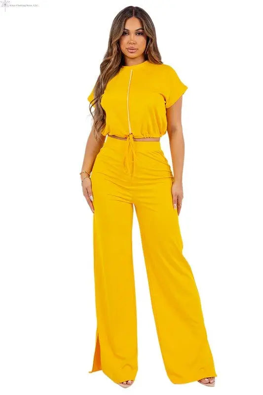 High Waist Pants and Crop top Set Yellow Front | 2 Piece Crop Top and Pants | SiAra