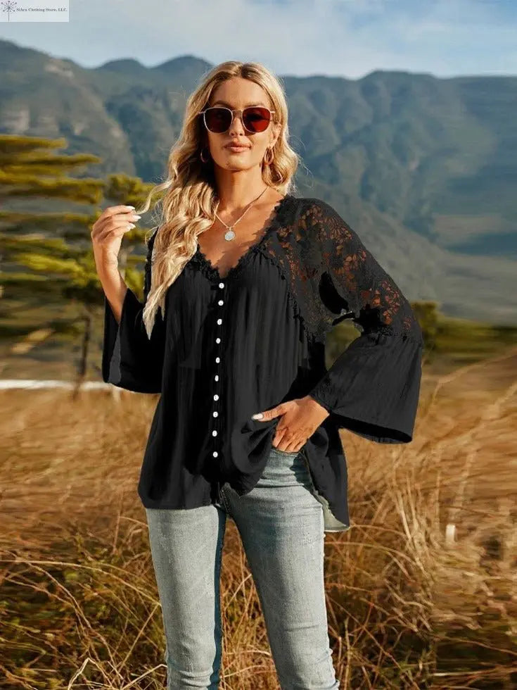 Lace Detail Top Flounce Sleeves Black | SiAra Clothing Store, LLC
