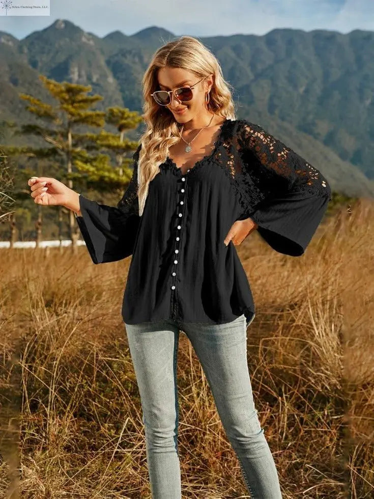Lace Detail Top Flounce Sleeves Black Sided | SiAra Clothing Store, LLC