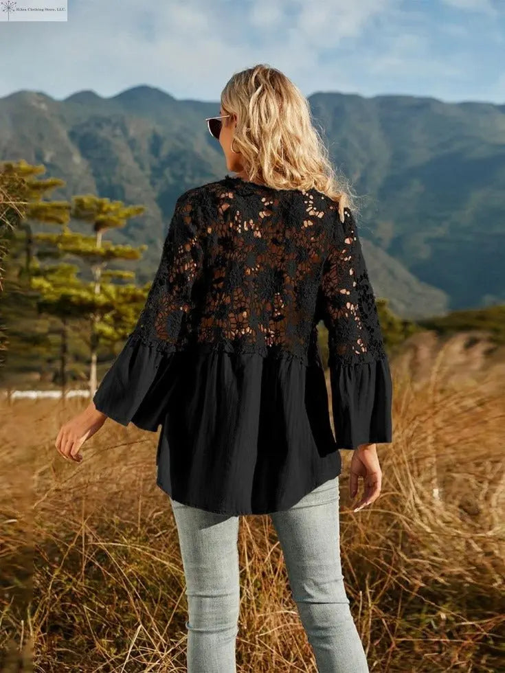 Lace Detail Top Flounce Sleeves Black On Back | SiAra Clothing Store, LLC