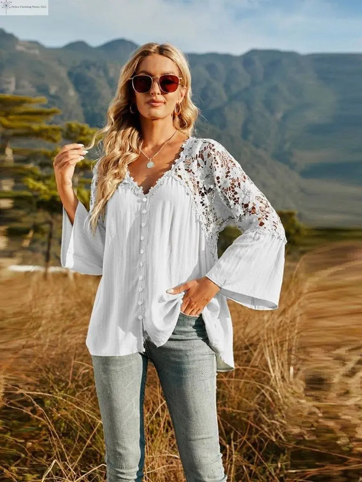 Lace Detail Top Flounce Sleeves White | SiAra Clothing Store, LLC