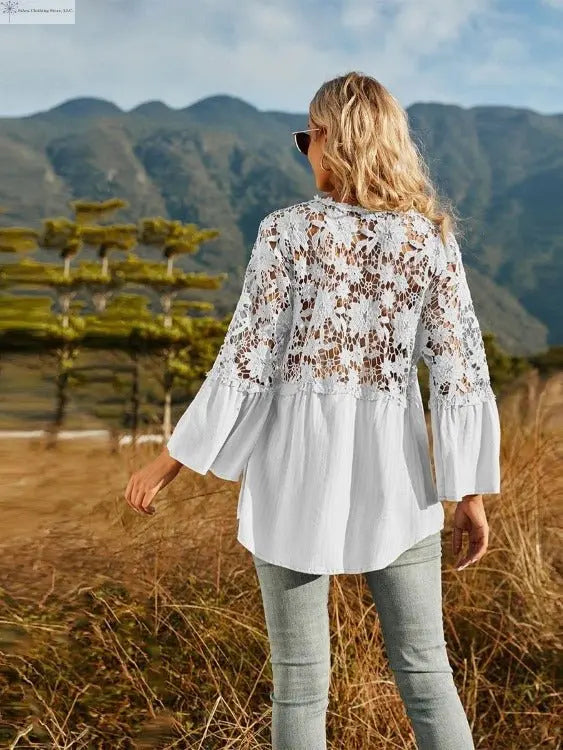 Lace Detail Top Flounce Sleeves White Back | SiAra Clothing Store, LLC