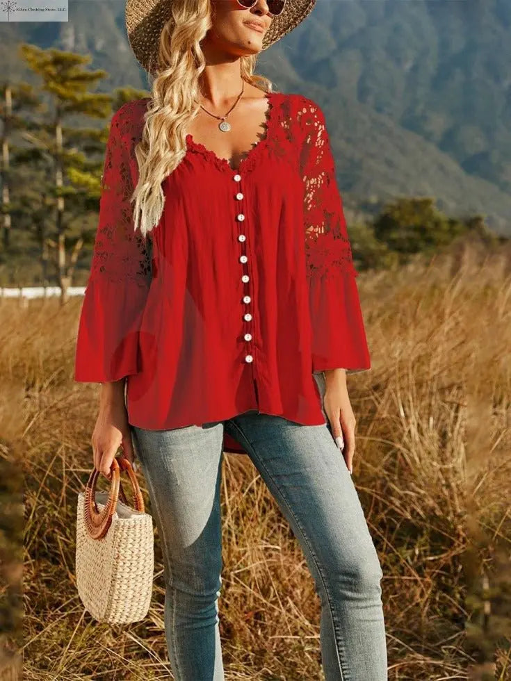 Lace Detail Top Flounce Sleeves Red Front | SiAra Clothing Store, LLC