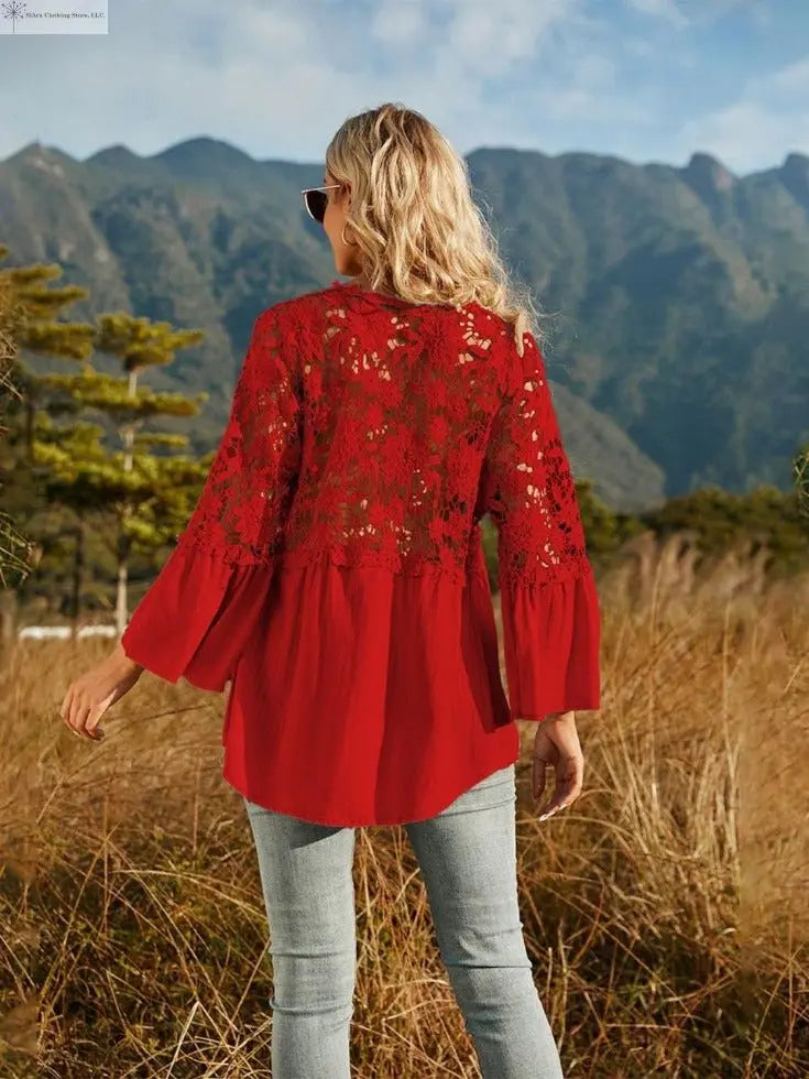 Lace Detail Top Flounce Sleeves Red Back | SiAra Clothing Store, LLC