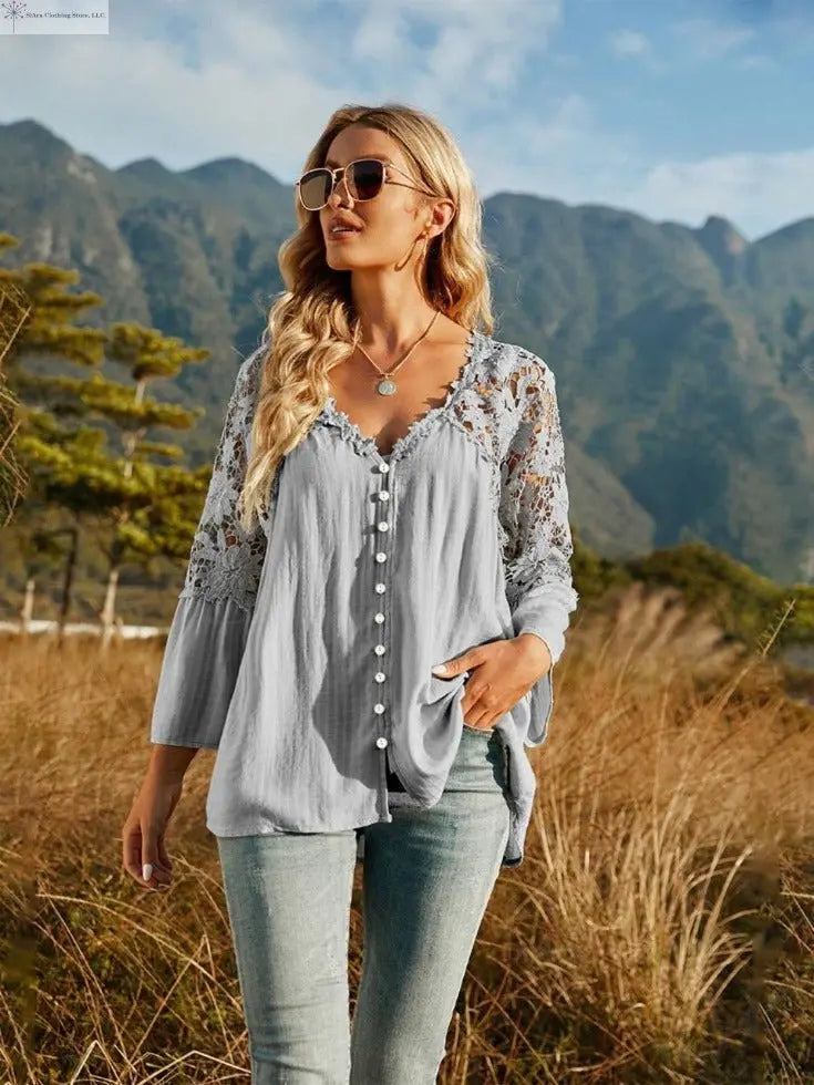 Lace Detail Top Flounce Sleeves Light Grey | SiAra Clothing Store, LLC