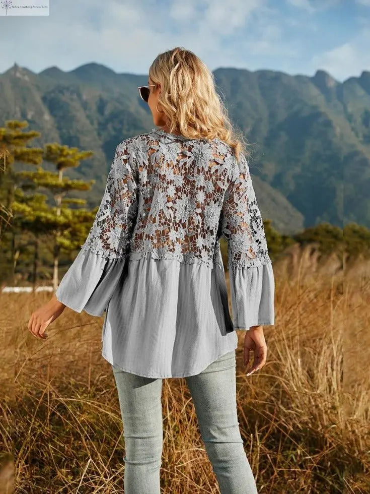 Lace Detail Top Flounce Sleeves Light Grey Back | SiAra Clothing Store, LLC