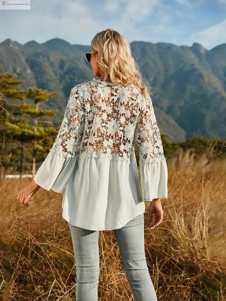 Lace Detail Top Flounce Sleeves Light Green on Back | SiAra Clothing Store, LLC
