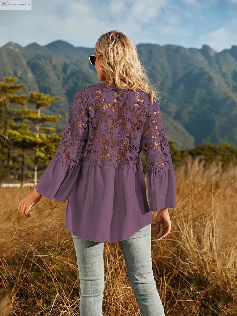 Spliced Lace Buttoned Blouse Trendsi