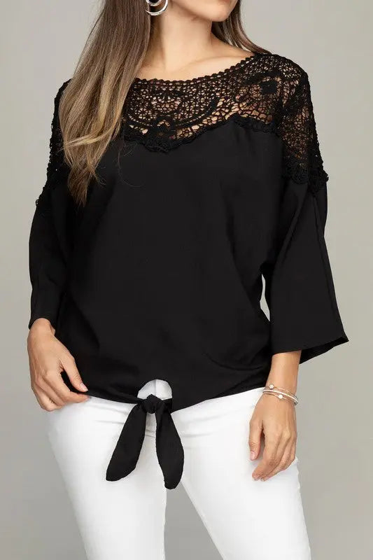 Black Blouse with Lace Front Tie | SiAra Clothing Store, LLC