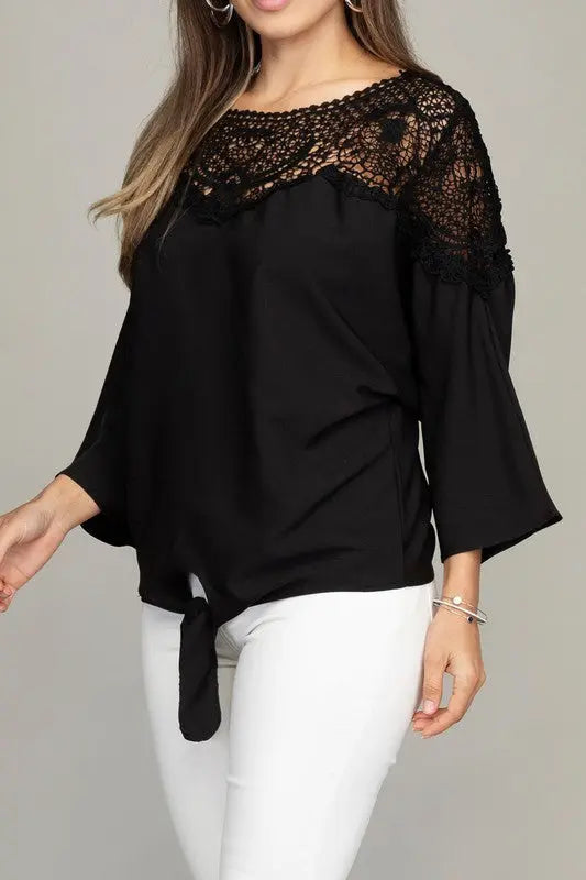 Black Blouse with Lace Front Tie Sided | SiAra Clothing Store, LLC