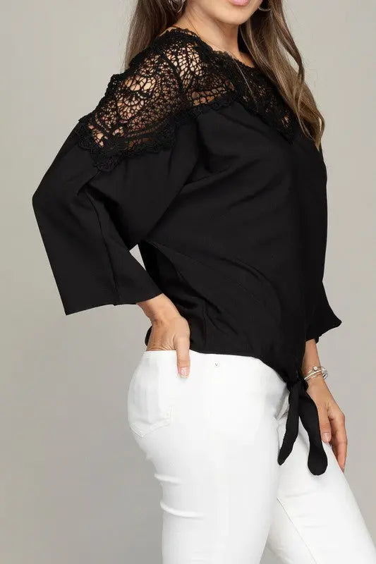 Black Blouse with Lace Front Tie Side | SiAra Clothing Store, LLC
