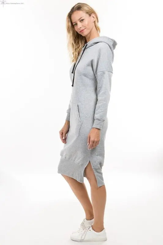Long Sleeve Hoodie Dress Grey Side | Sweatshirt Dress with Pockets | SiAra